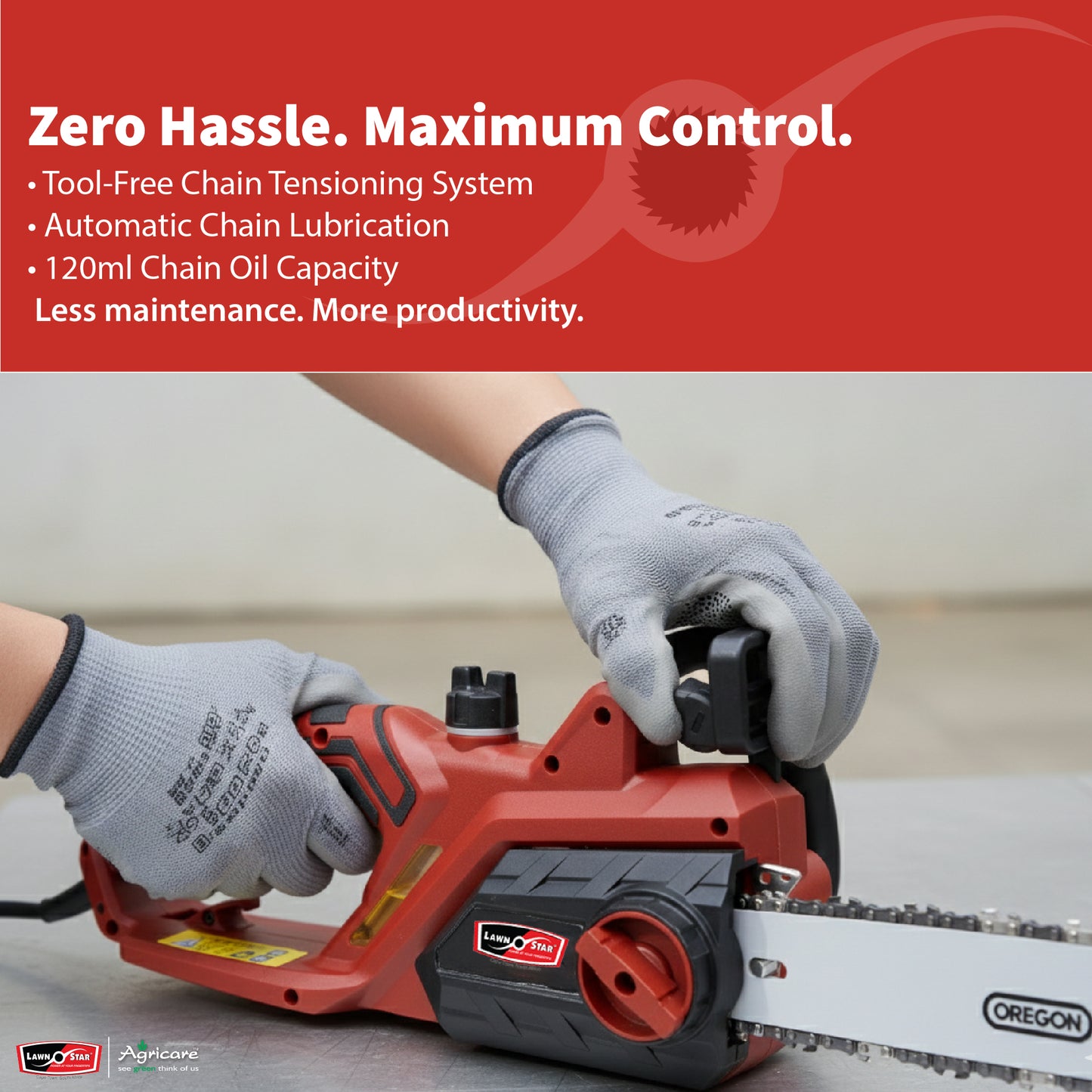 Tool-free chain tensioning on electric chainsaw