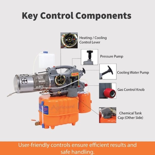 Fogging machine by A-SUNG key control components including heating control lever, pressure pump, gas knob and chemical tank