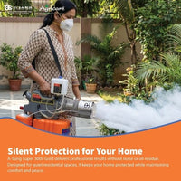 Fogging machine delivering low-noise misting for home protection
