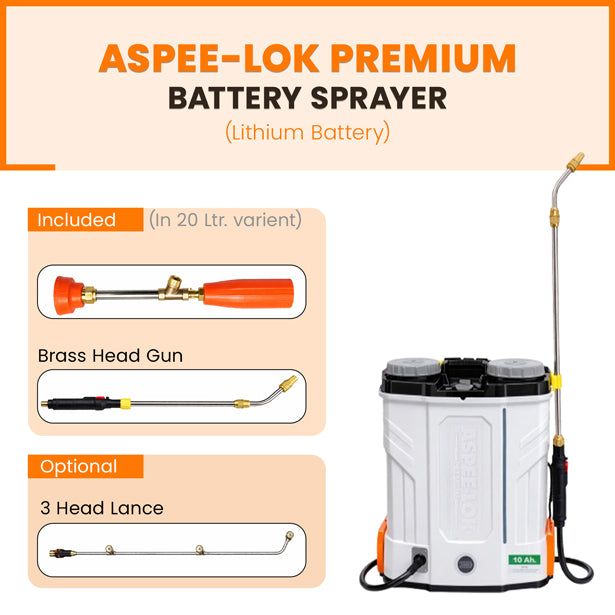 ASPEE-LOK Premium ALP-20 lithium battery sprayer highlighting digital battery indicator, quick swap battery, steel lock delivery pipe, and smart filter trigger.