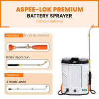 ASPEE-LOK Premium ALP-20 lithium battery sprayer highlighting digital battery indicator, quick swap battery, steel lock delivery pipe, and smart filter trigger.
