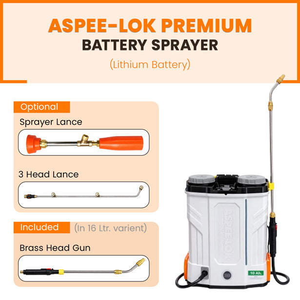 ASPEE-LOK Premium ALP-20 lithium battery sprayer highlighting digital battery indicator, quick swap battery, steel lock delivery pipe, and smart filter trigger.