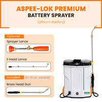 ASPEE-LOK Premium ALP-20 lithium battery sprayer highlighting digital battery indicator, quick swap battery, steel lock delivery pipe, and smart filter trigger.