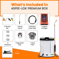 ASPEE-LOK Premium ALP-20 lithium battery sprayer highlighting digital battery indicator, quick swap battery, steel lock delivery pipe, and smart filter trigger.