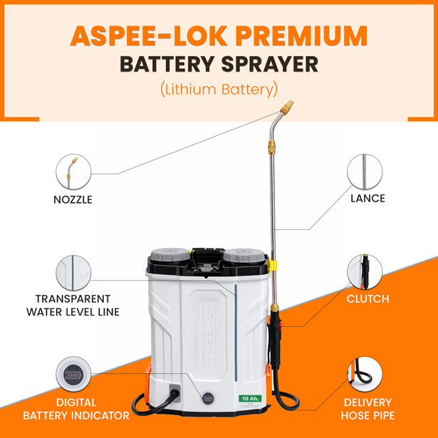 ASPEE-LOK Premium lithium battery sprayer showing nozzle, lance, clutch handle, transparent water level line, digital battery indicator, and delivery hose pipe.