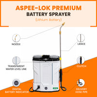 ASPEE-LOK Premium lithium battery sprayer showing nozzle, lance, clutch handle, transparent water level line, digital battery indicator, and delivery hose pipe.