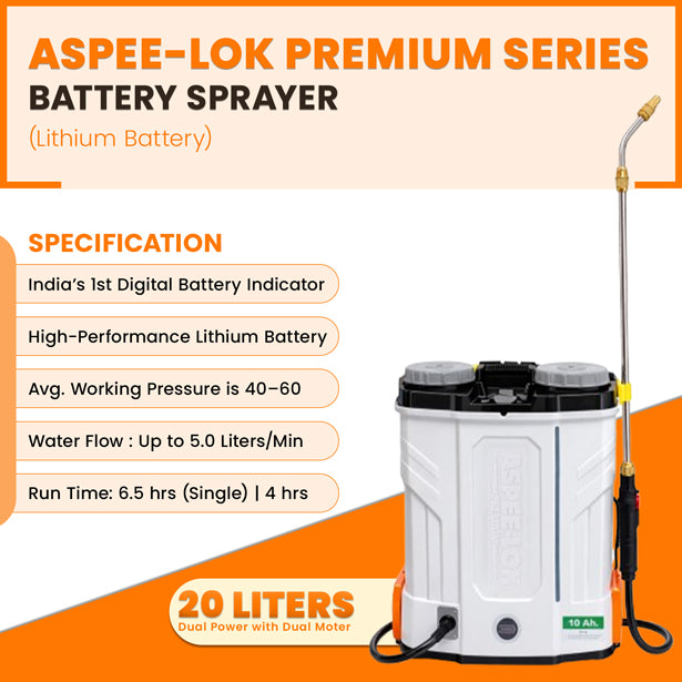 ASPEE-LOK Premium Series 20-liter lithium battery sprayer with dual motor, digital battery indicator, and high-performance spraying specifications.