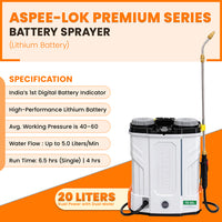 ASPEE-LOK Premium Series 20-liter lithium battery sprayer with dual motor, digital battery indicator, and high-performance spraying specifications.