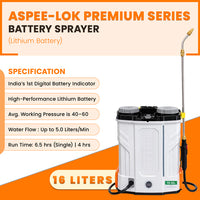 Box contents of ASPEE-LOK Premium lithium battery sprayer including 20-liter tank unit, spray lance, nozzle, delivery hose pipe, and lithium battery.