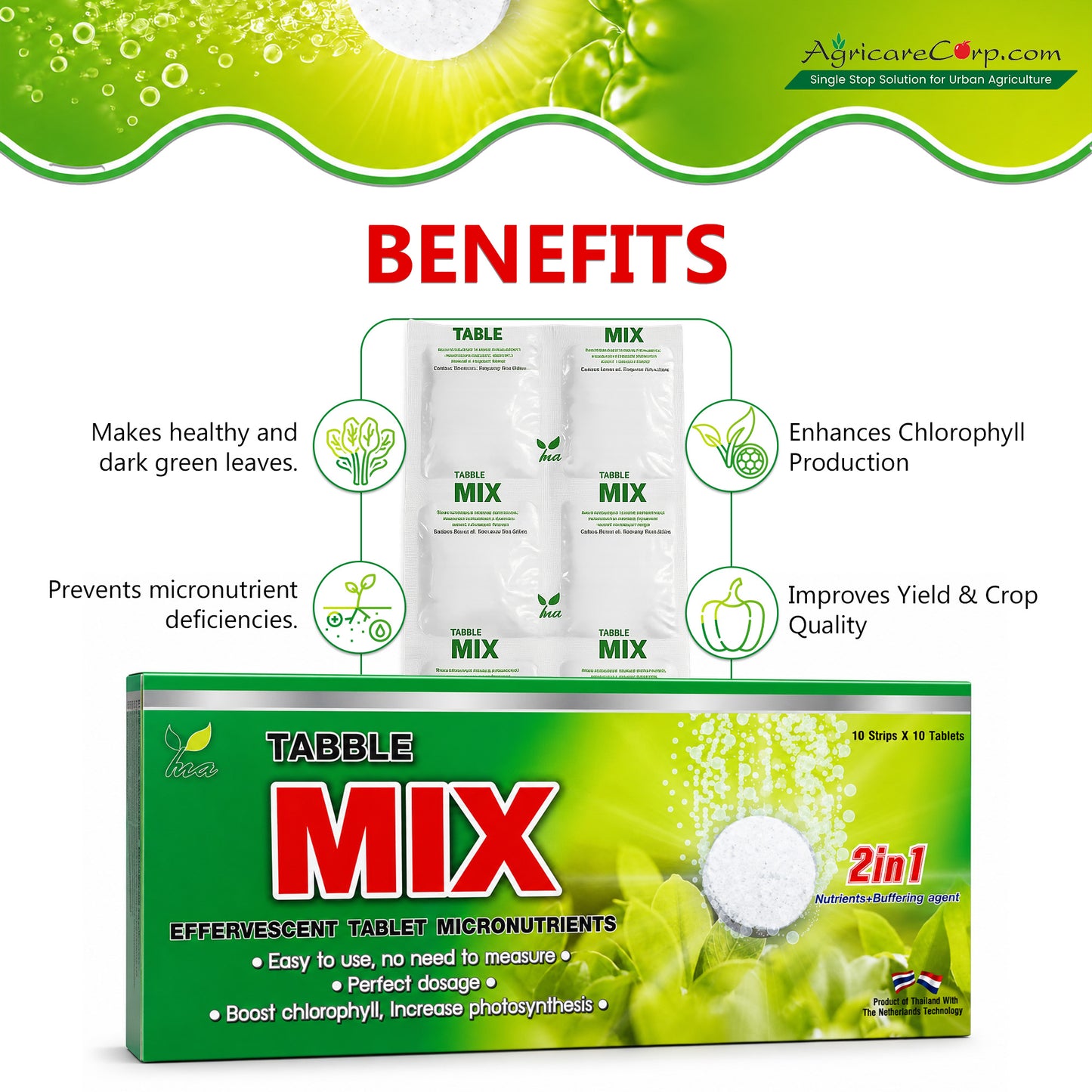 Nutri Tabble MIX effervescent tablet micronutrients benefits for healthy green leaves chlorophyll production crop quality and micronutrient nutrition.