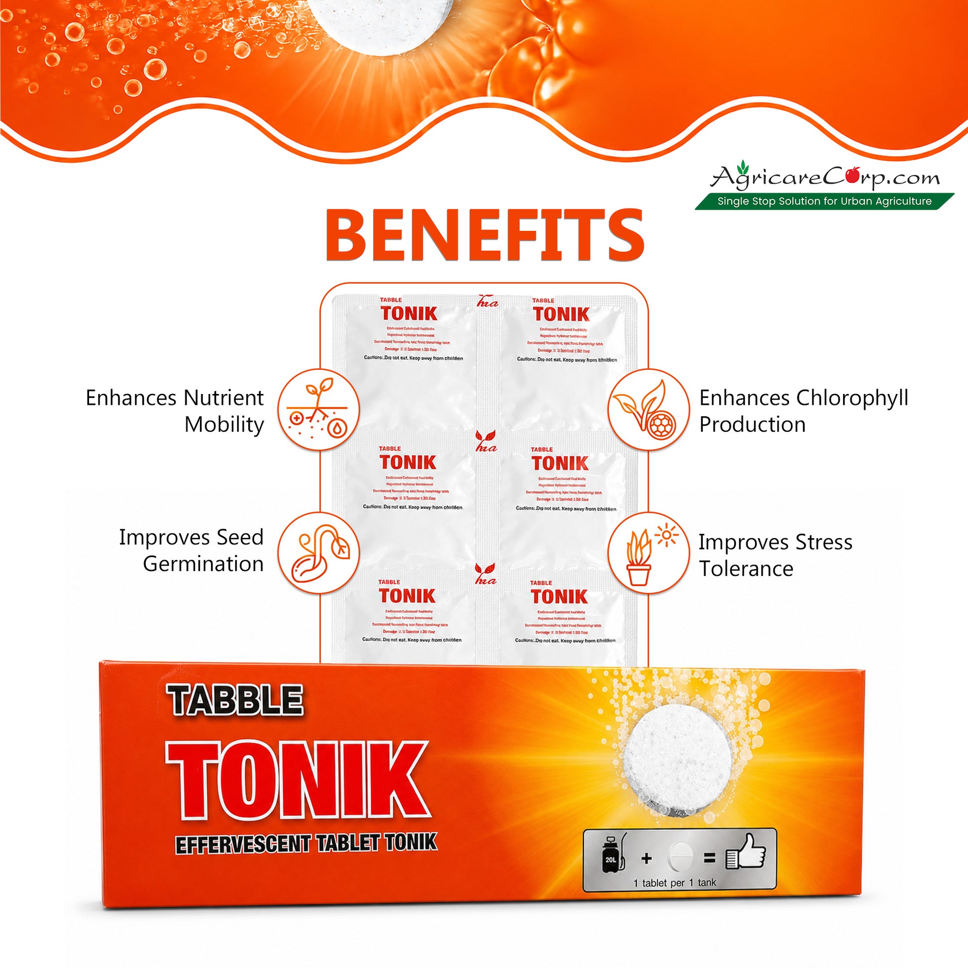 Benefits of Nutri Tabble TONIK Effervescent Tablets including enhanced nutrient mobility, improved seed germination, increased chlorophyll production and better plant stress tolerance