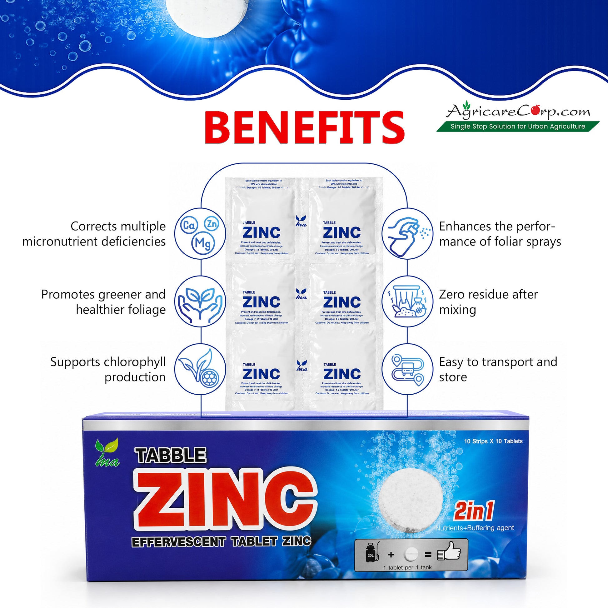 Benefits of Agricare Nutri Tabble Zinc including improved foliar spray performance healthier foliage and chlorophyll productio