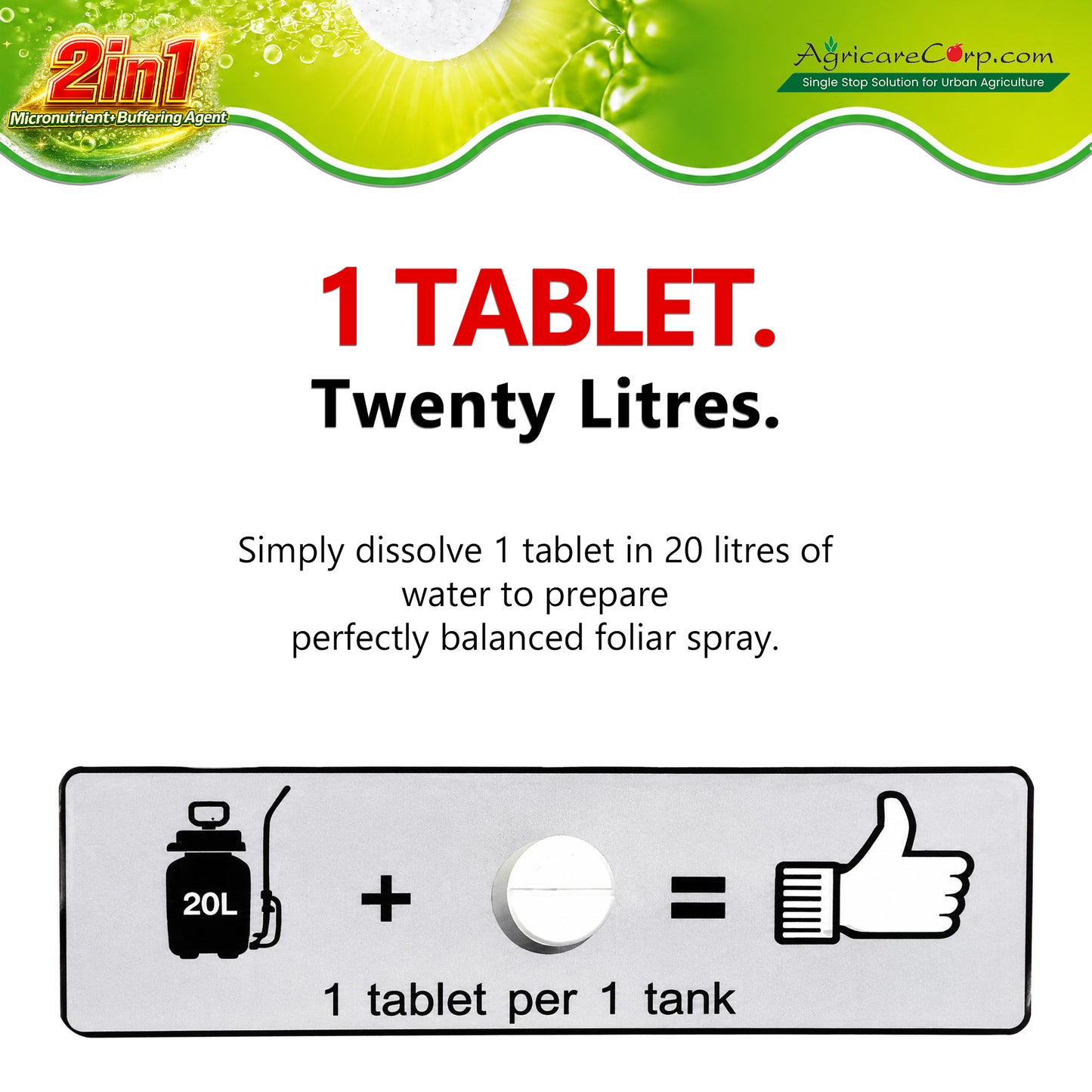 Nutri Tabble MIX dosage guide showing 1 tablet dissolved in 20 litres of water for foliar spray application.