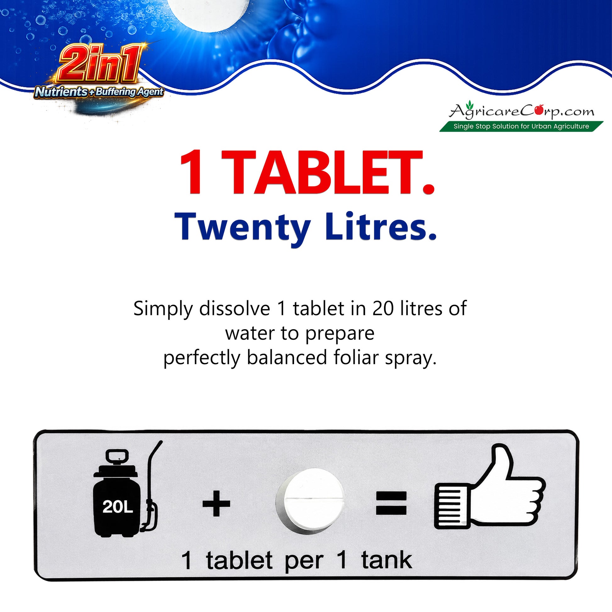 Agricare Nutri Tabble Zinc dosage guide showing 1 tablet dissolved in 20 litres of water.