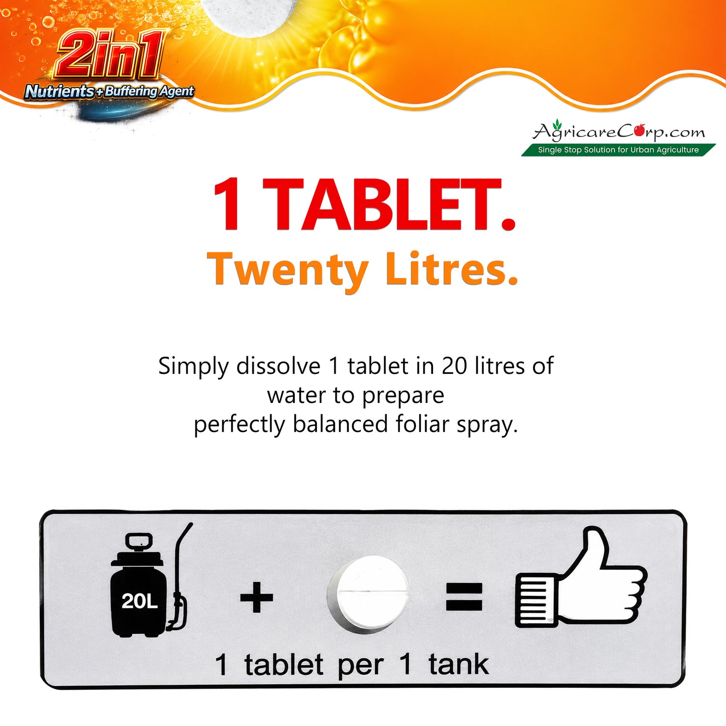 Nutri Tabble CAB dosage guide showing 1 effervescent Calcium Boron tablet dissolved in 20 litres of water for foliar spray.
