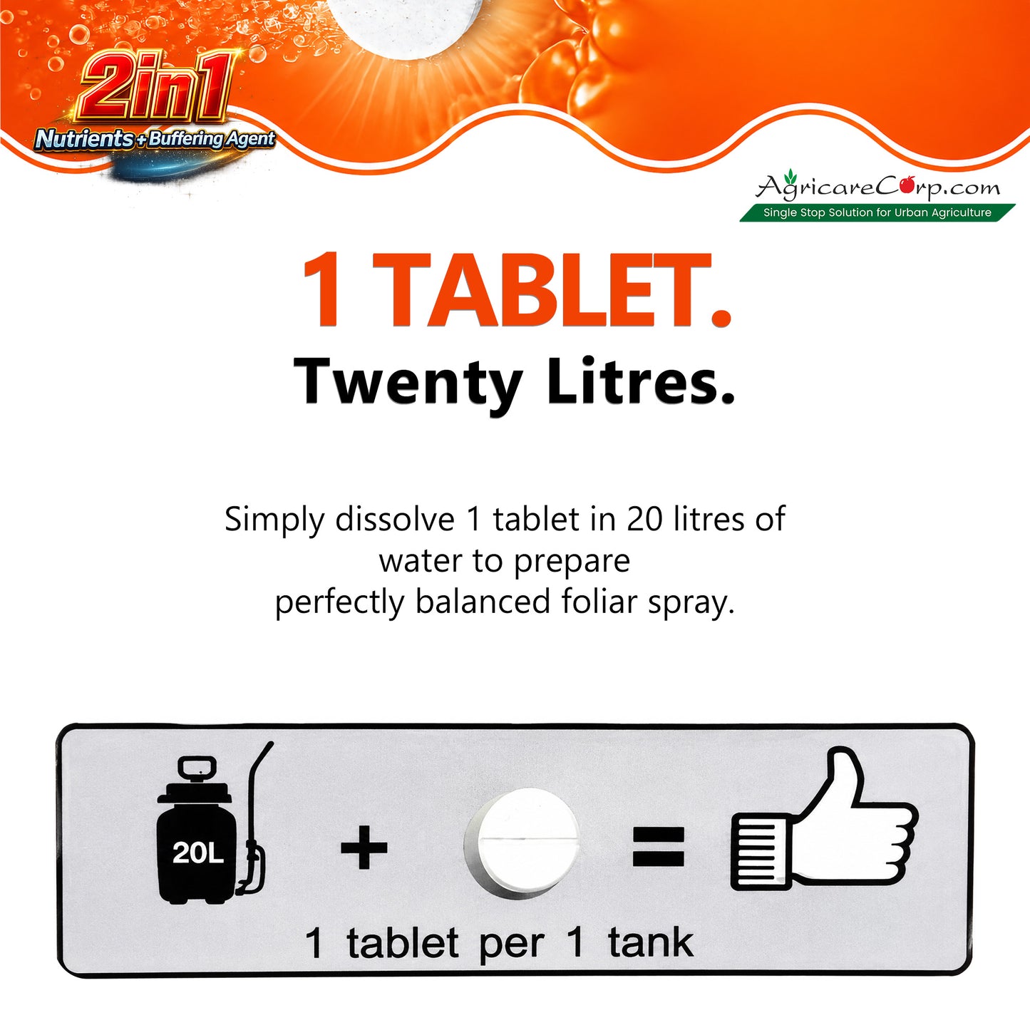 Nutri Tabble TONIK dosage guide showing 1 effervescent tablet dissolved in 20 litres of water for one spray tank