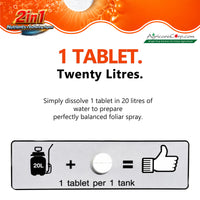 Nutri Tabble TONIK dosage guide showing 1 effervescent tablet dissolved in 20 litres of water for one spray tank