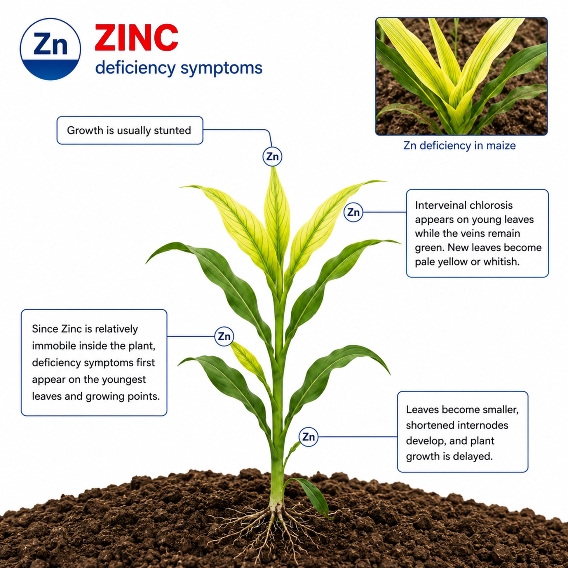 Zinc deficiency symptoms in maize showing yellow leaves stunted growth and delayed plant development.