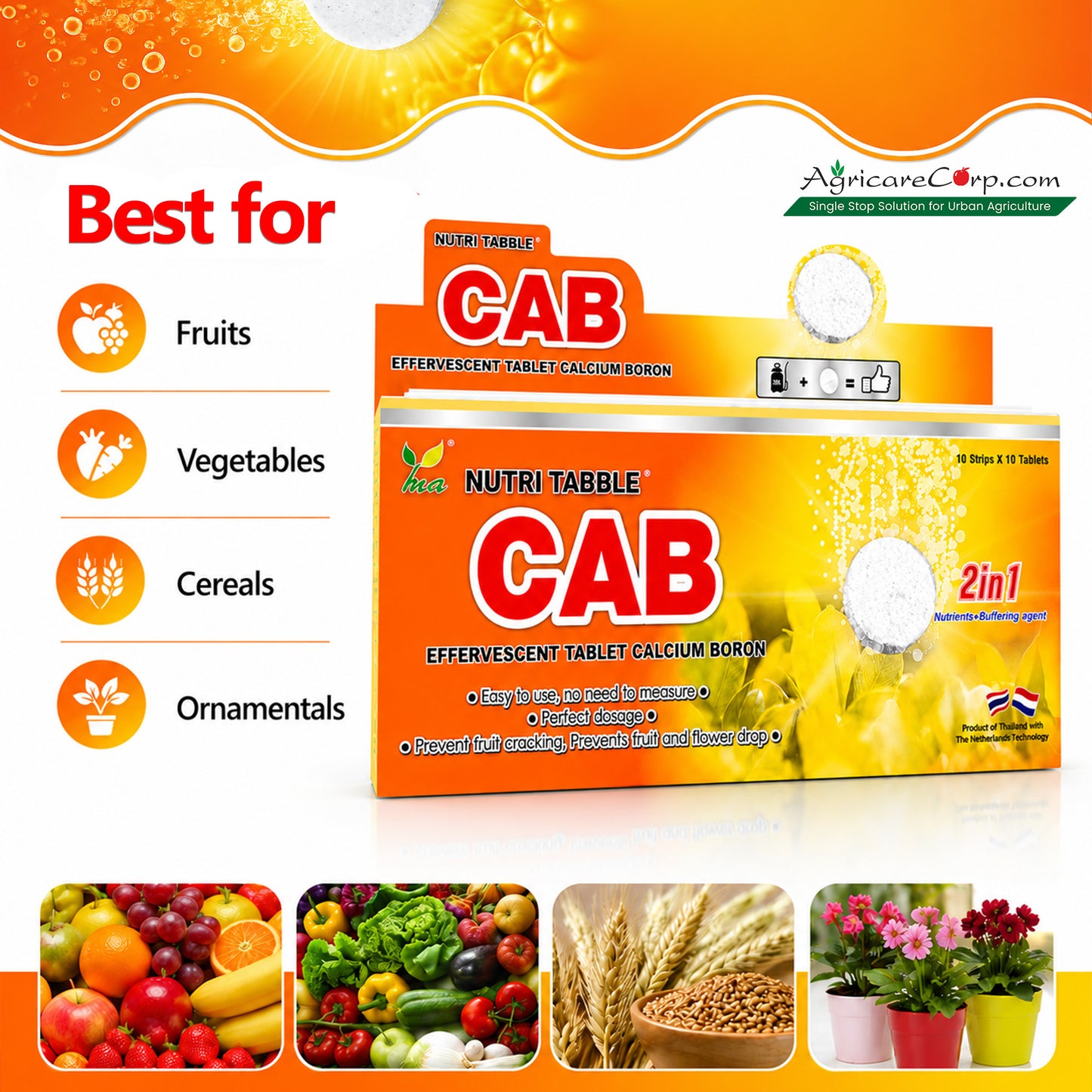 Nutri Tabble CAB application guide for foliar spray and drone application with recommended tablet dosage in 20 litre water tank.
