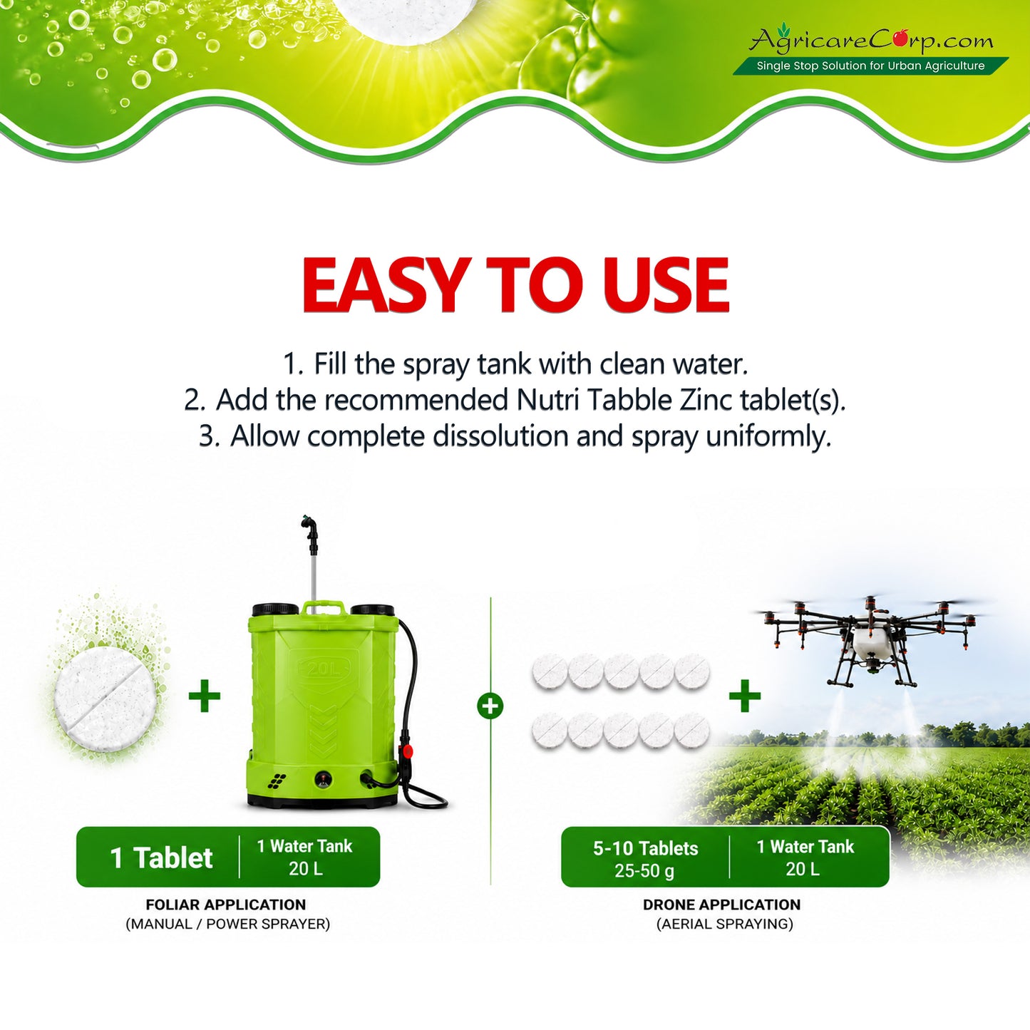Nutri Tabble MIX easy application guide for manual sprayer power sprayer and drone spraying with recommended tablet dosage.