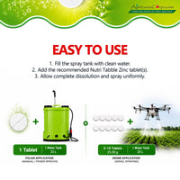 Nutri Tabble MIX easy application guide for manual sprayer power sprayer and drone spraying with recommended tablet dosage.