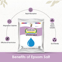 Infographic showing benefits like rapid absorption effective action and 100 percent solubility of epsom salt.