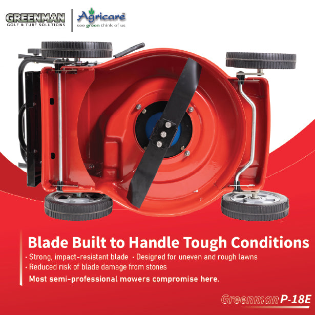 Greenman P-18E impact-resistant cutting blade designed for rough and uneven lawns