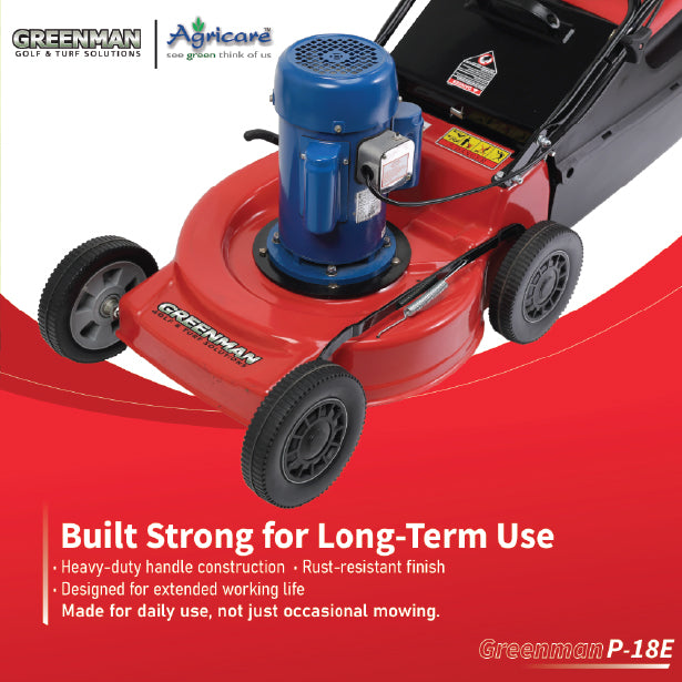 Greenman P-18E lawn mower heavy-duty steel deck and powerful electric motor close-up