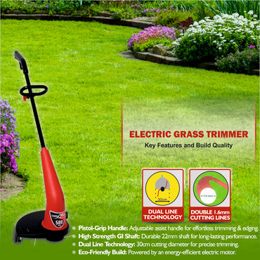 Red electric grass trimmer on a green lawn – key features Dual line Technology, Double 1.6mm cutting lines
