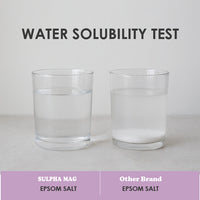 Clear comparison of epsom salt dissolving in water versus other brand for purity test.