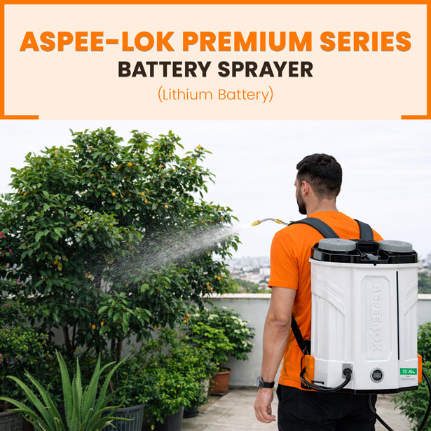 Farmer using ASPEE-LOK Premium lithium battery backpack sprayer to spray plants in a garden or farm.