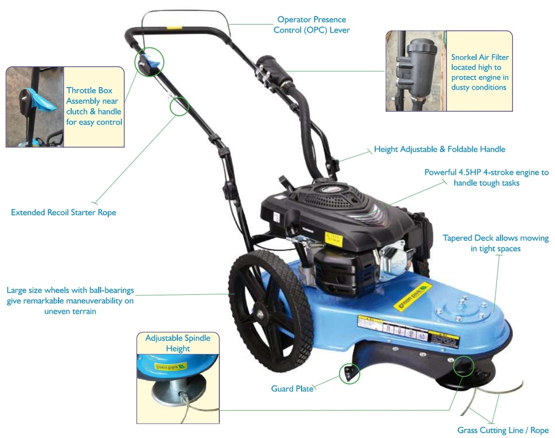 Green Park GPWM22 wheel orchard mower with Lifan 170F engine for tall grass and weed cutting