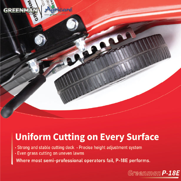 Greenman P-18E lawn mower precise height adjustment system for uniform grass cutting