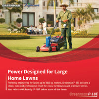 Greenman P-18E lawn mower cutting large home lawn with smooth and even finish
