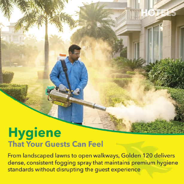 Thermal fogging machine used in hotels and resorts for hygiene maintenance and mosquito control in landscaped lawns