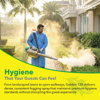 Thermal fogging machine used in hotels and resorts for hygiene maintenance and mosquito control in landscaped lawns
