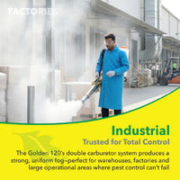 Thermal Fogging Machine Golden 120 portable fogging sprayer being used in an industrial factory for large-area pest control with uniform fog coverage
