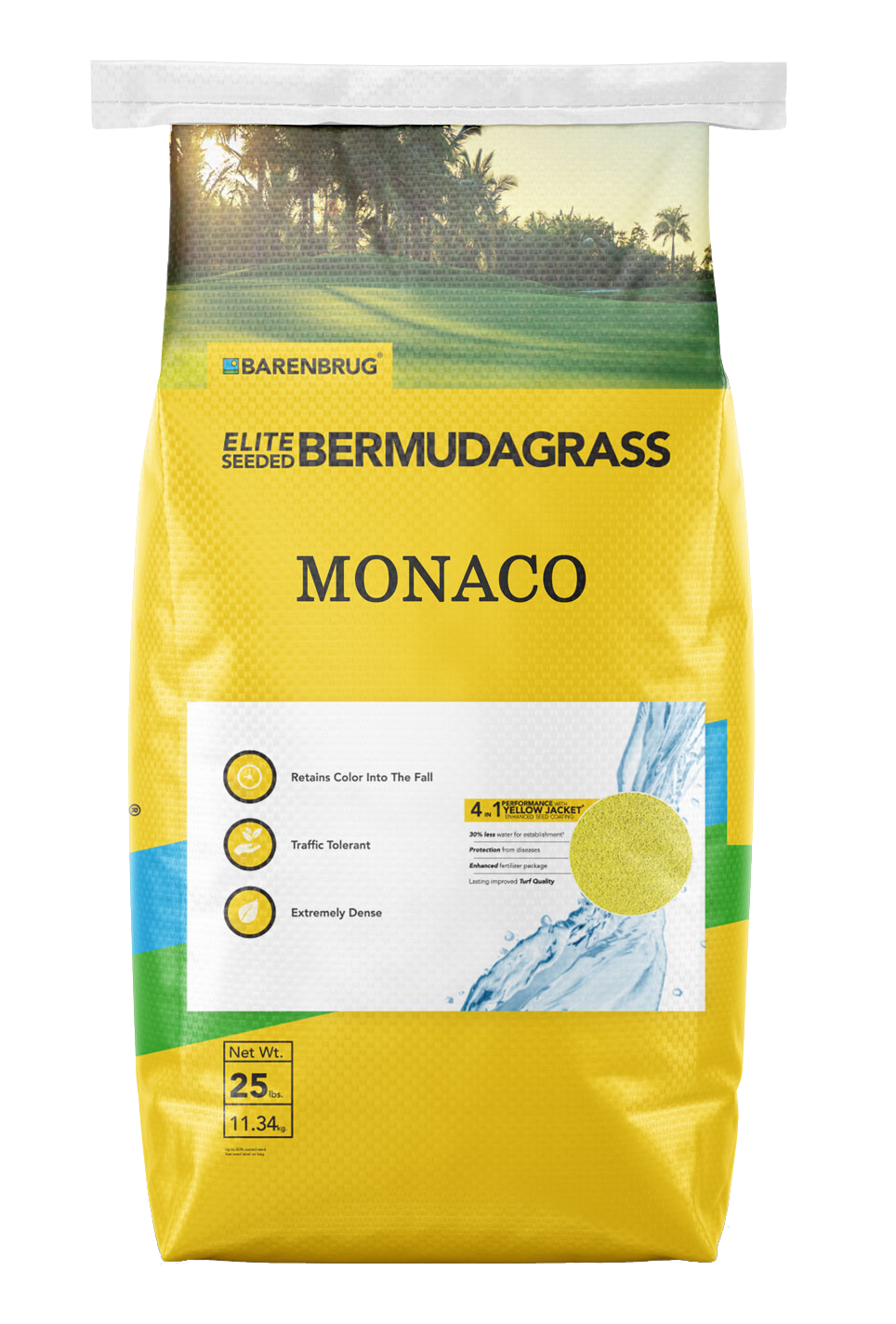 Monaco Elite Seeded Bermudagrass close-up showing 25Lbs Bag