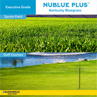 Nublue Plus Kentucky Bluegrass with golf course and sports field imagery.