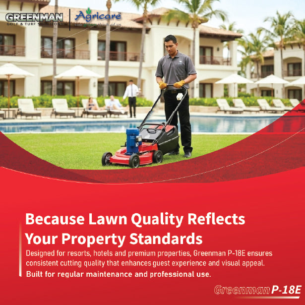 Greenman P-18E professional lawn mower used for resort and hotel lawn maintenance