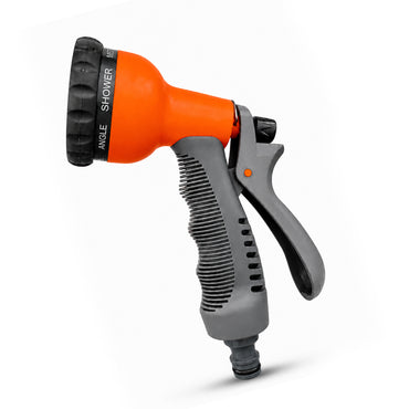 Agricare 8-in-1 water spray gun in orange and grey ABS body — clean white background studio shot showing rotating nozzle with Shower and Angle mode labels, ribbed anti-slip grip and quick-connect base