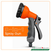 Agricare 8-in-1 spray gun with orange brand badge showing product identity — white background with AgricareCorp.com branding and Single Stop Solution for Urban Agriculture tagline