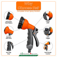 Agricare 8-in-1 spray gun with 6 feature callout circles — Adjustable Flow Pattern, Durable ABS Body, Anti-Slip Grip, Trigger Lock, Soft Trigger and Soft Handle Control — Why Choose Us infographic