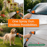 Agricare spray gun lifestyle quad image — four use cases shown: balcony garden watering, car washing, pet bathing golden retriever and outdoor wall cleaning with One Spray Gun Endless Possibilities headline