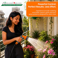 Indian woman watering balcony garden flowers with Agricare 8-in-1 spray gun — urban apartment balcony lifestyle shot with Powerful Control Perfect Results Less Effort headline and AgricareCorp.com branding
