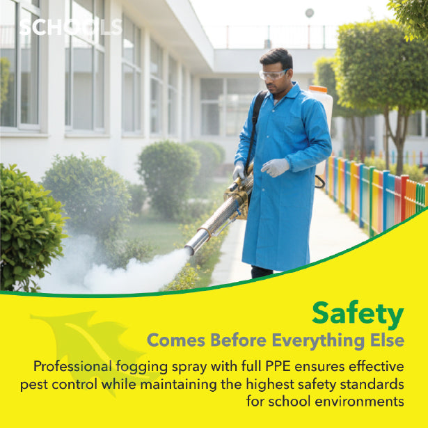 Thermal Fogging Machine Golden 120 used by a professional operator in a school campus, ensuring safe and effective pest control with protective equipment