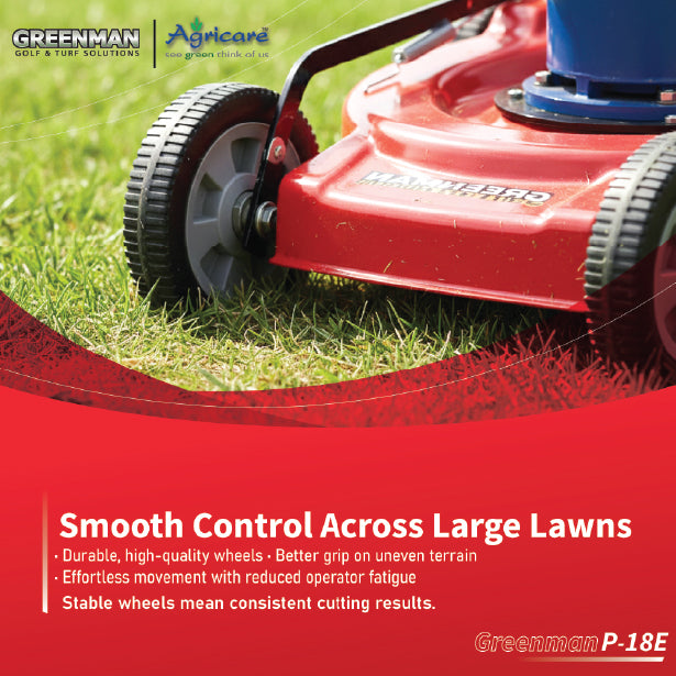Greenman P-18E lawn mower durable wheels for smooth movement on uneven lawns
