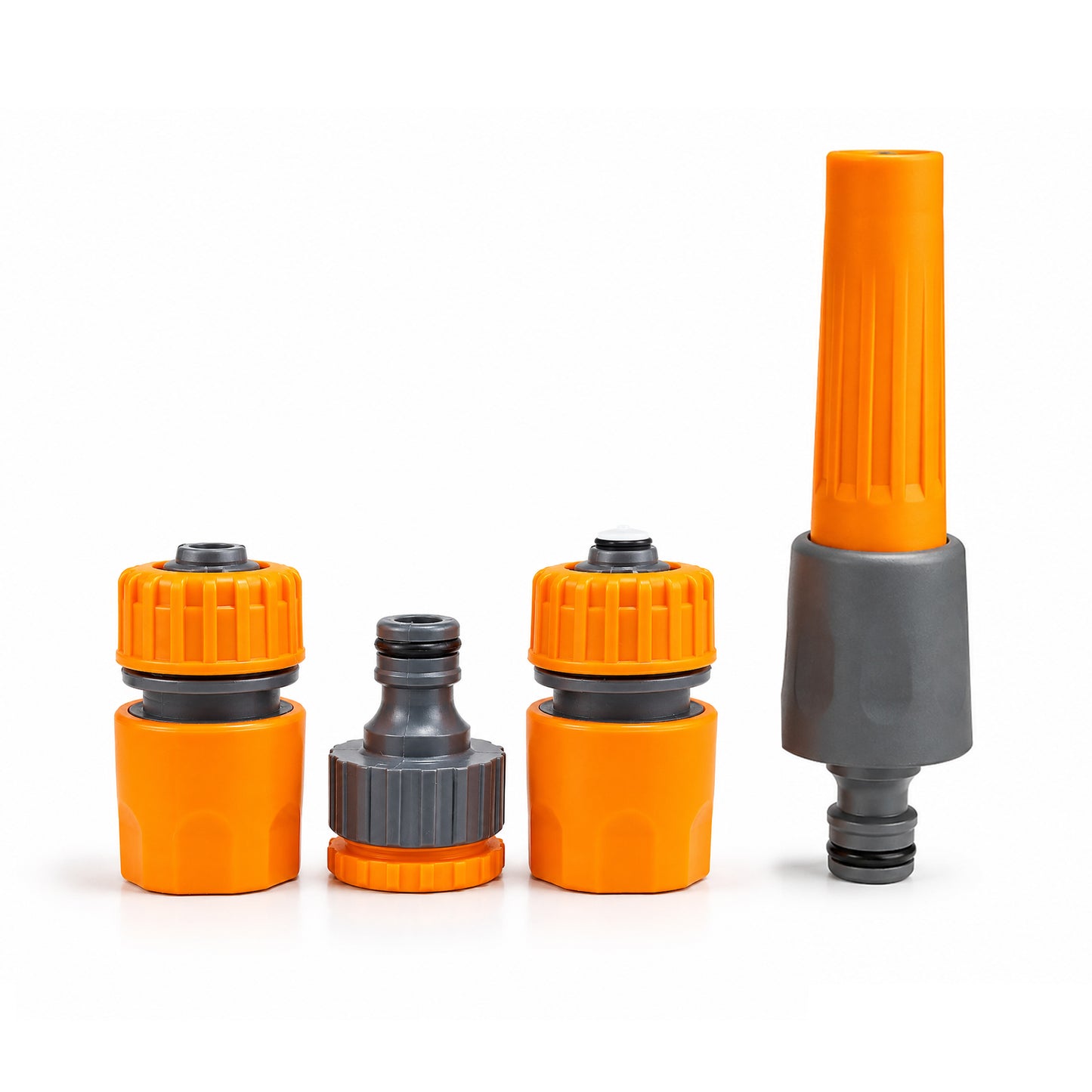 Agricare 4-piece garden hose connector kit on white background — two orange quick-connect hose couplings, one grey tap adapter nipple and one orange-grey 3-mode straight nozzle sprayer arranged together