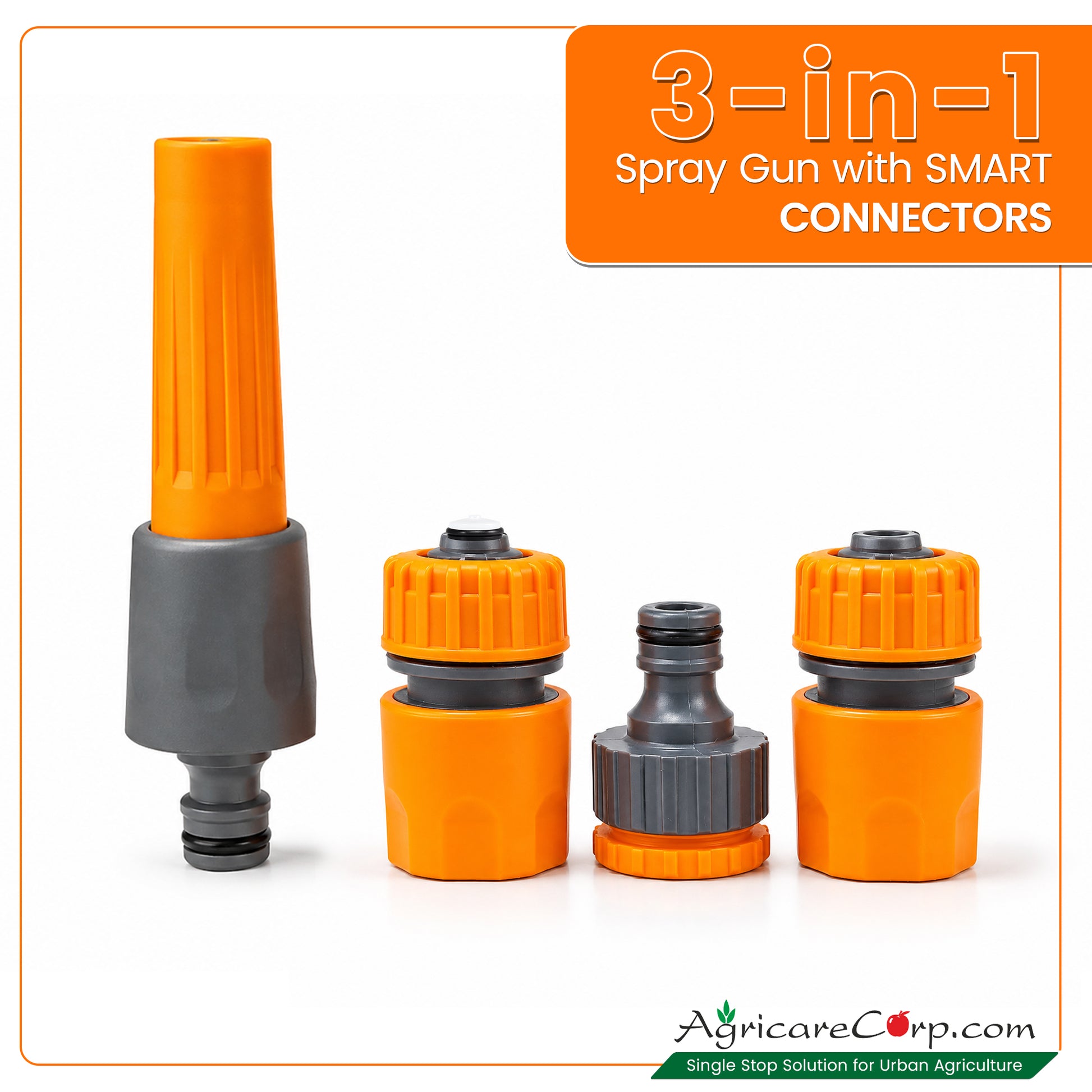 Agricare 3-in-1 spray gun with smart connectors product identity image — straight nozzle, two quick-connect couplings and tap adapter displayed on white background with orange brand badge and AgricareCorp.com logo