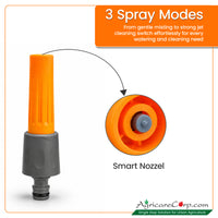 Agricare 3-mode straight twist nozzle sprayer detail shot — orange and grey nozzle with Smart Nozzle callout and zoomed-in circular view of nozzle tip — 3 Spray Modes headline from gentle mist to strong jet